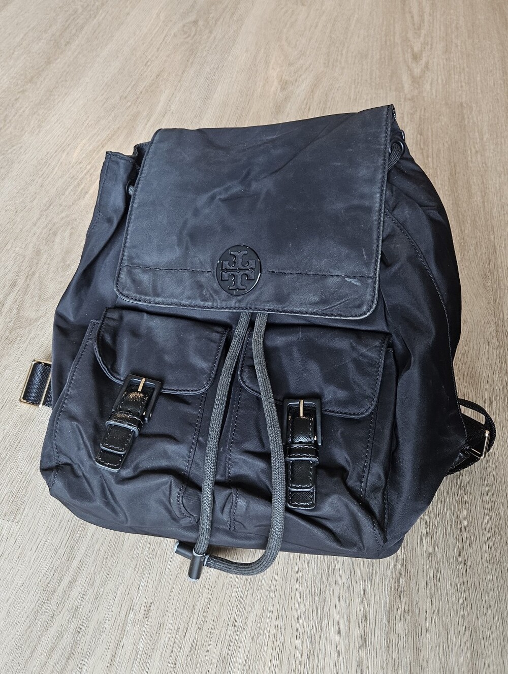 Tory Burch Black Nylon Flap Backpack with Double Front Buckle Pockets
